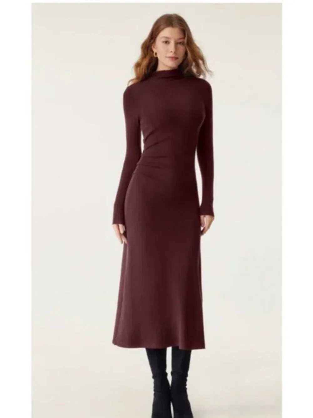 Long Sleeve Mock Neck Knit Dress in Deep Burgundy - Picture 2 of 2